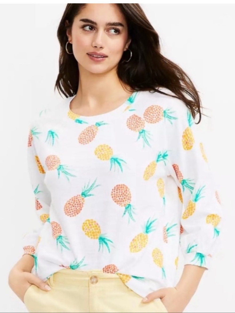 LOFT Pineapple Print Knit 100% Cotton Cropped Crewneck Top SZ S